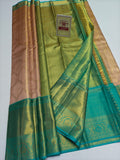 Silk Mark Certified Rose Pink & Chartreuse Green Tissue Kanjivaram Pure Silk Saree with Trellis Jaal & Sea Green Border