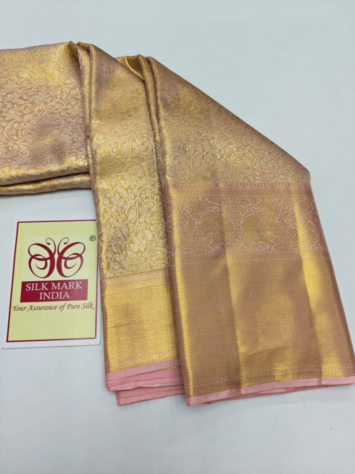 Silk Mark Certified Champagne Gold Tissue & Pastel Pink Kanjivaram Pure Silk Saree with Floral Zari Border