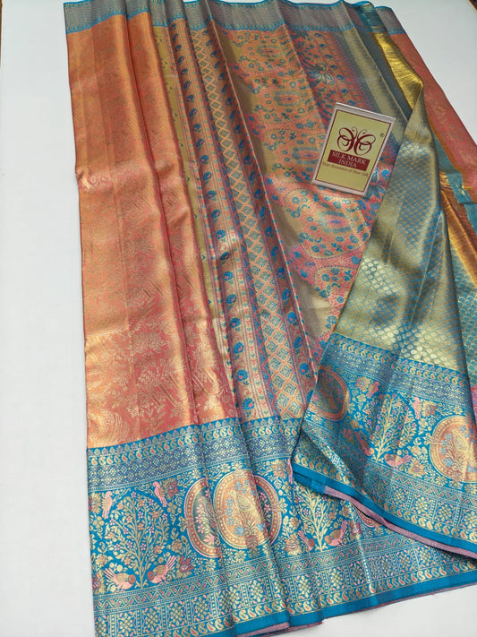 Silk Mark Certified Coral Pink & Sea Green Tissue Kanjivaram Pure Silk Saree with Meenakari Floral Jaal & Peacock Border