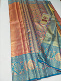 Silk Mark Certified Coral Pink & Sea Green Tissue Kanjivaram Pure Silk Saree with Meenakari Floral Jaal & Peacock Border
