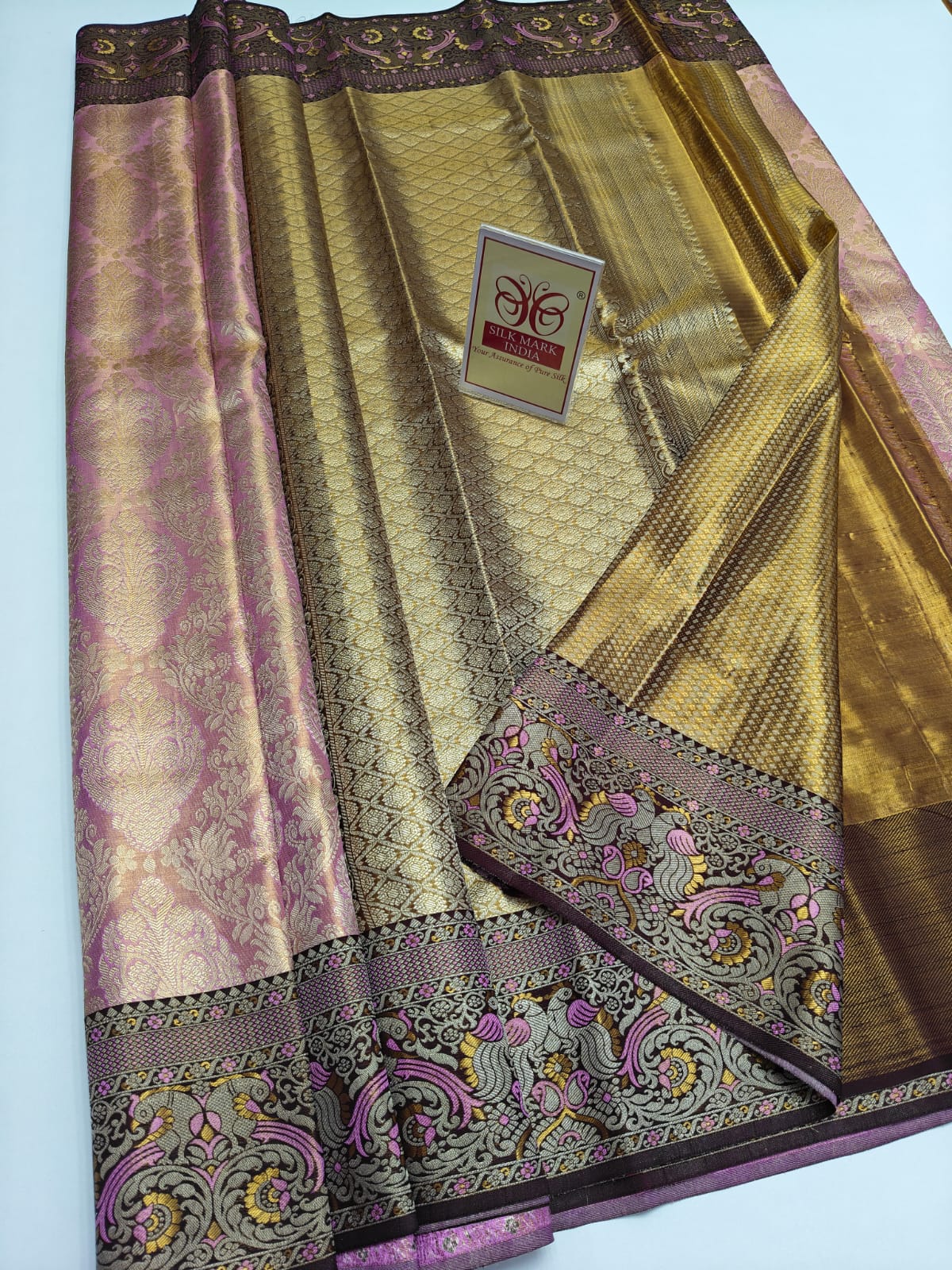 Silk Mark Certified Rose Pink & Amber Gold Tissue Kanjivaram Pure Silk Saree with Meenakari Floral Jaal & Deep Wine Border