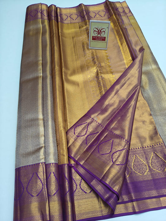 Silk Mark Certified Amber Gold & Champagne Tissue Kanjivaram Pure Silk Saree with Paisley Medallion Border