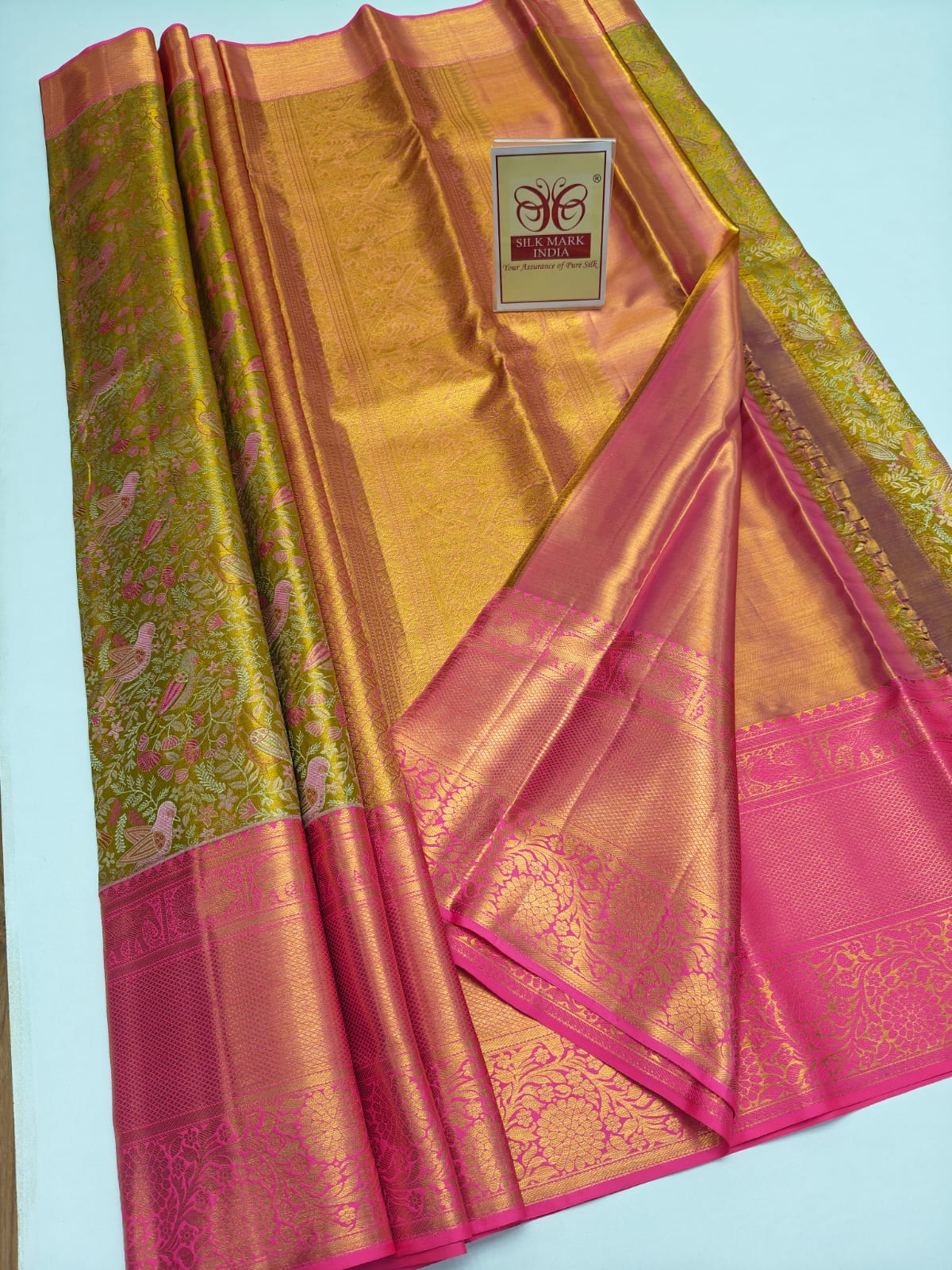 Silk Mark Certified Olive Green Tissue & Rose Pink Kanjivaram Pure Silk Saree with Bird & Tree Brocade