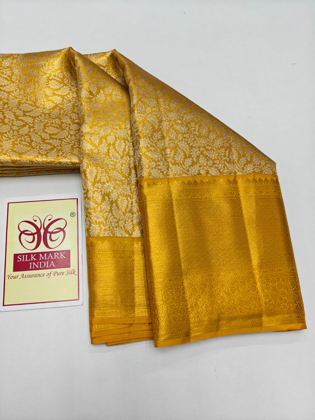 Silk Mark Certified Mustard Yellow & Gold Zari Kanjivaram Pure Silk Saree with Floral Jaal Brocade