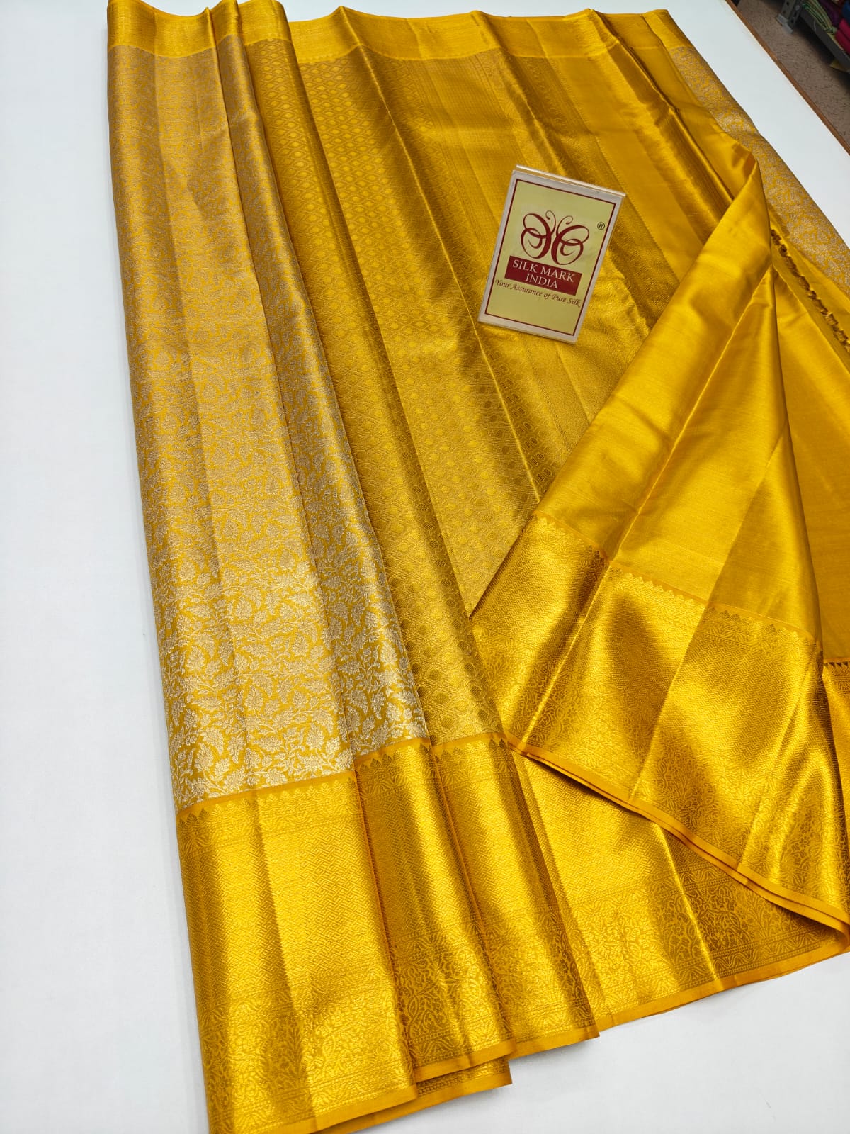 Silk Mark Certified Mustard Yellow & Gold Zari Kanjivaram Pure Silk Saree with Floral Jaal Brocade