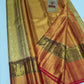 Silk Mark Certified Champagne Gold Tissue & Coral Red Kanjivaram Pure Silk Saree with Royal Procession & Temple Arch Brocade