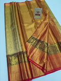 Silk Mark Certified Champagne Gold Tissue & Coral Red Kanjivaram Pure Silk Saree with Royal Procession & Temple Arch Brocade