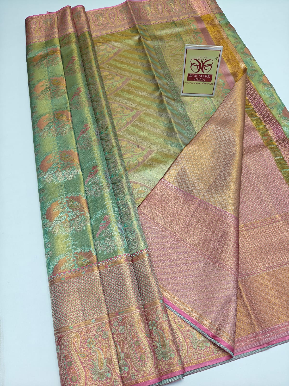 Silk Mark Certified Olive Green Tissue & Rose Pink Kanjivaram Pure Silk Saree with Bird & Tree Brocade