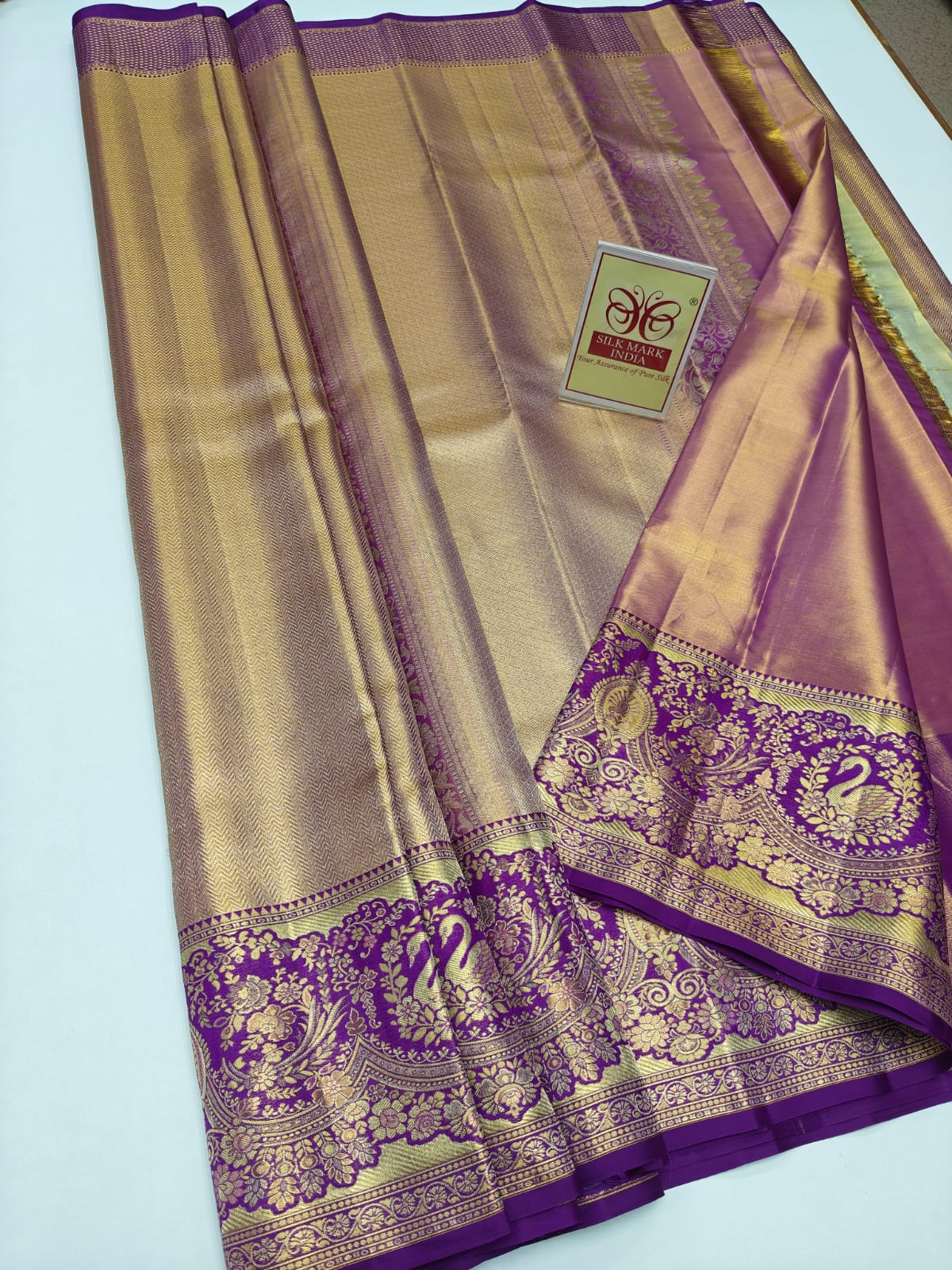 Silk Mark Certified Metallic Gold Tissue Kanjivaram Pure Silk Saree with Royal Purple Peacock Zari Border