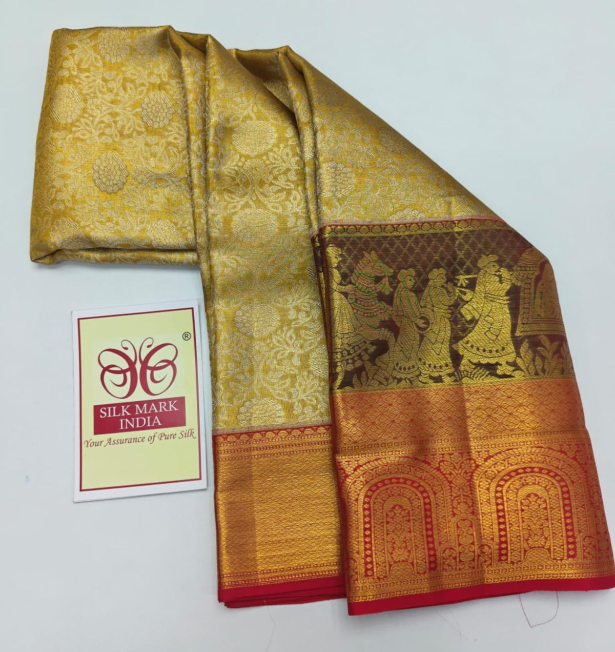 Silk Mark Certified Champagne Gold Tissue & Coral Red Kanjivaram Pure Silk Saree with Royal Procession & Temple Arch Brocade