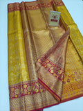 Silk Mark Certified Mustard Yellow & Crimson Red Kanjivaram Pure Silk Saree with Floral & Bird Brocade Border