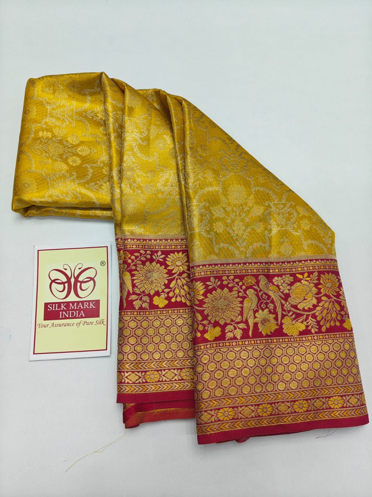 Silk Mark Certified Mustard Yellow & Crimson Red Kanjivaram Pure Silk Saree with Floral & Bird Brocade Border