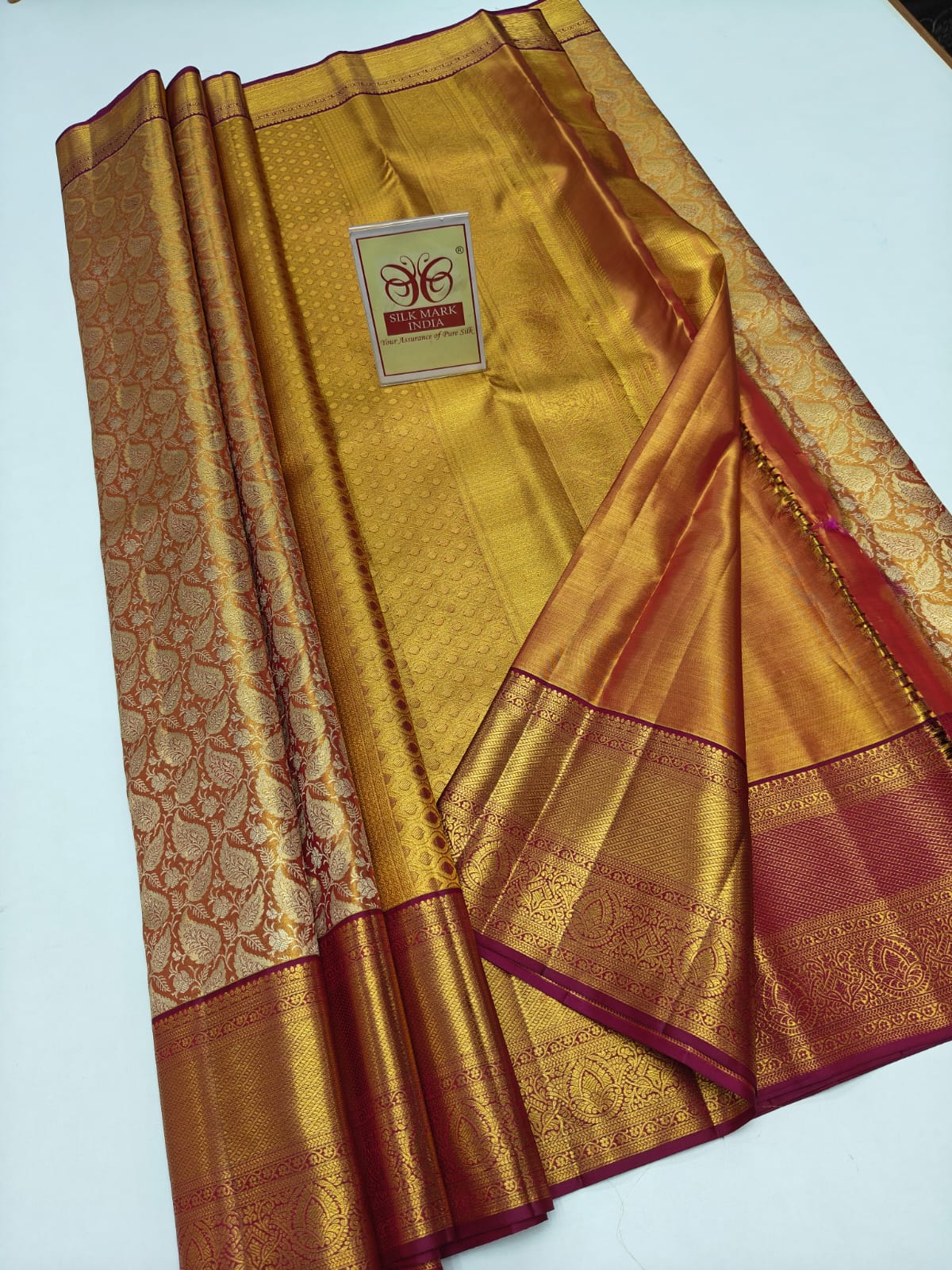 Silk Mark Certified Honey Gold Tissue & Maroon Kanjivaram Pure Silk Saree with Paisley Jaal