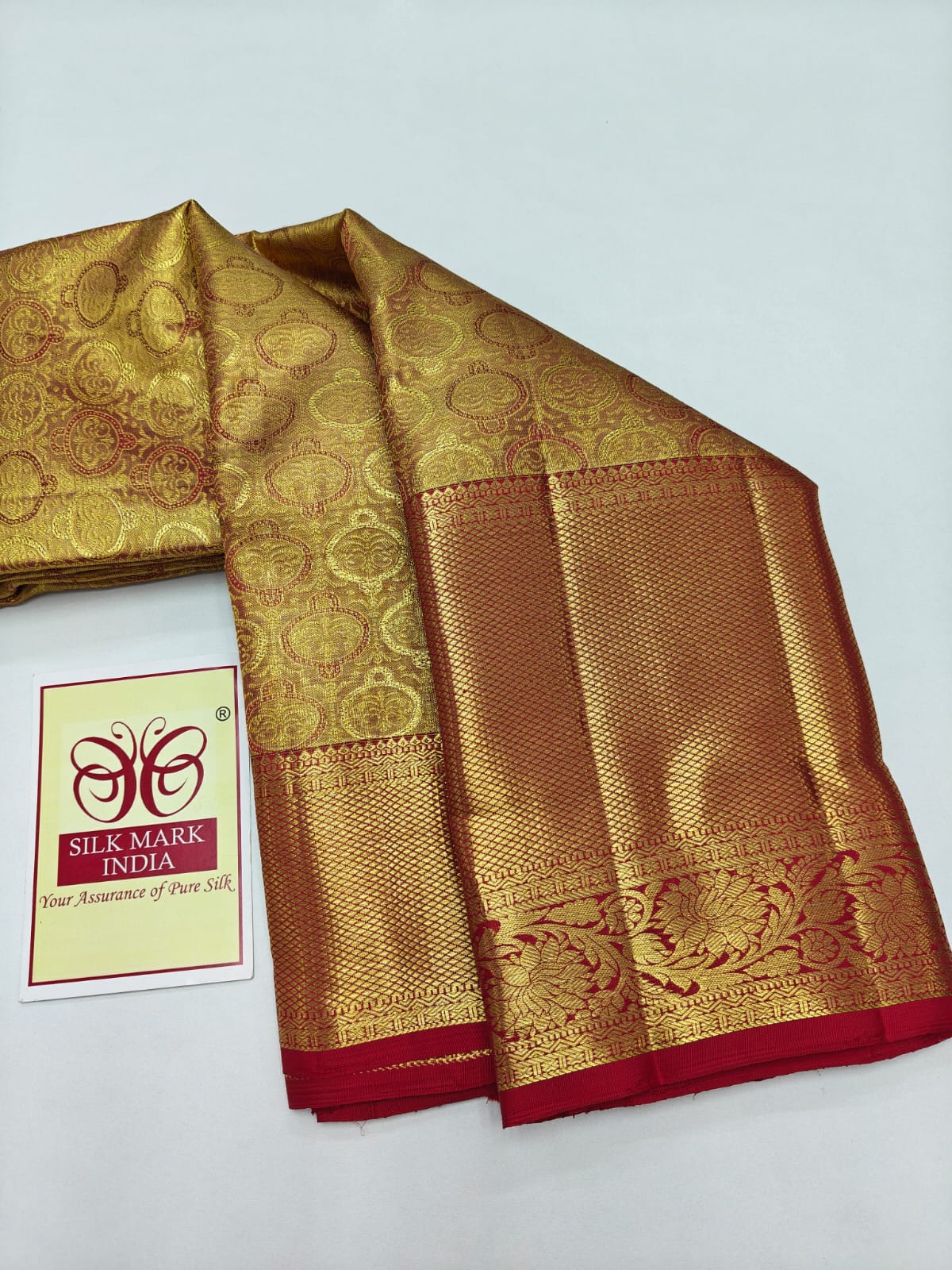 Silk Mark Certified Amber Gold Tissue & Crimson Red Kanjivaram Pure Silk Saree with Oval Medallion Brocade