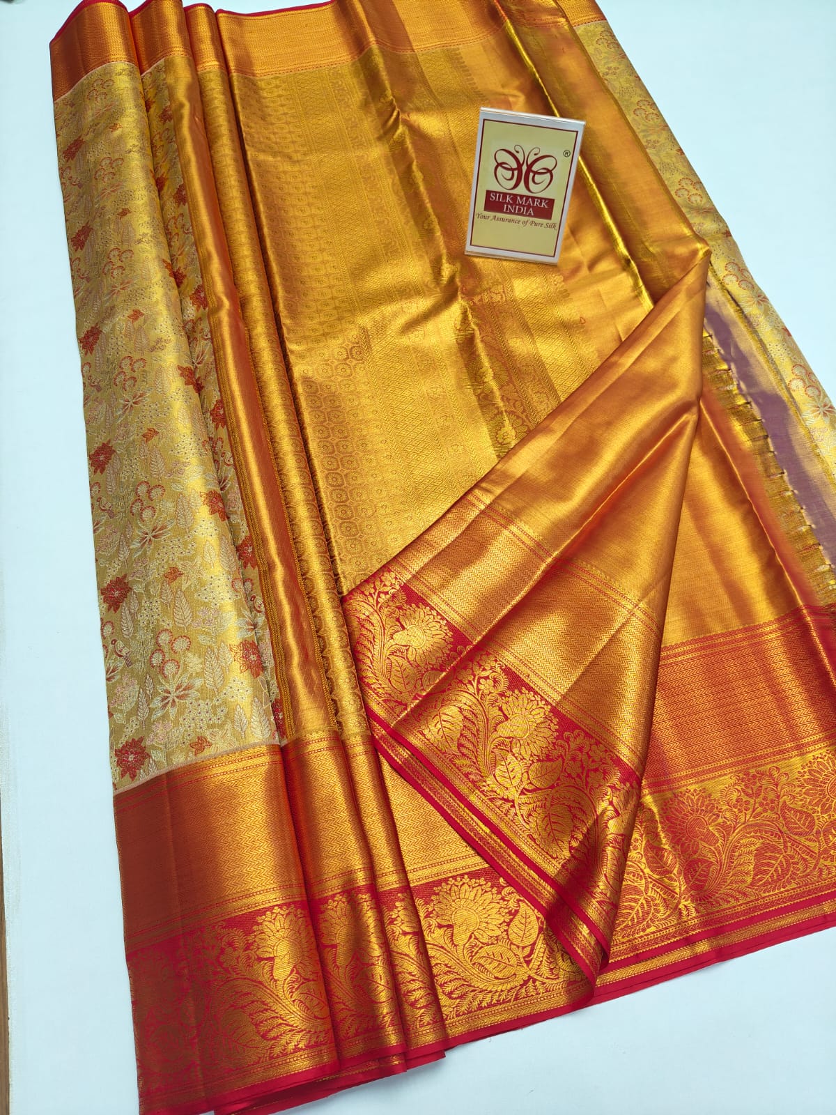Silk Mark Certified Amber Gold Tissue & Crimson Red Kanjivaram Pure Silk Saree with Meenakari Floral Jaal