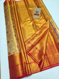 Silk Mark Certified Amber Gold Tissue & Crimson Red Kanjivaram Pure Silk Saree with Meenakari Floral Jaal