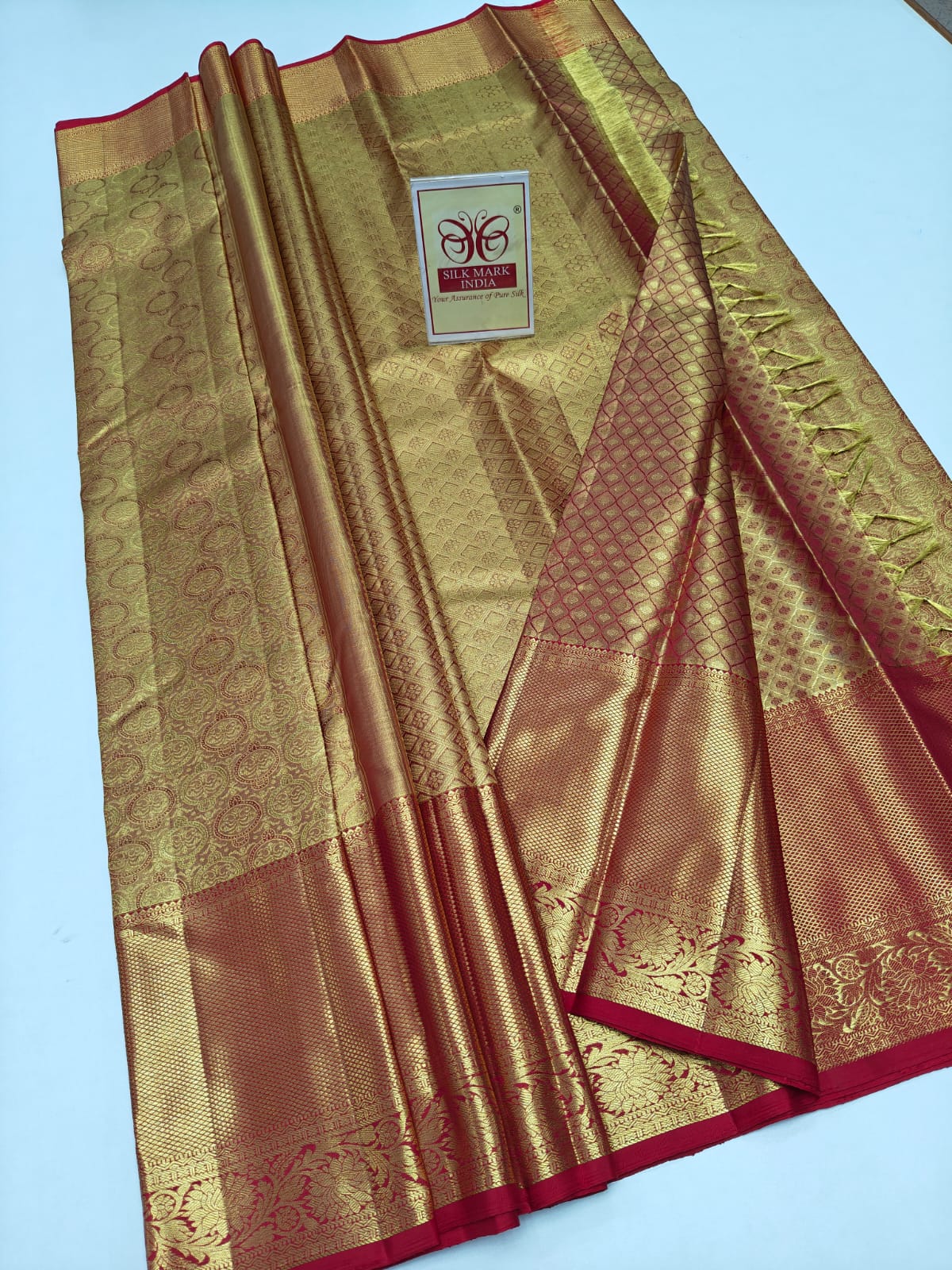 Silk Mark Certified Amber Gold Tissue & Crimson Red Kanjivaram Pure Silk Saree with Oval Medallion Brocade