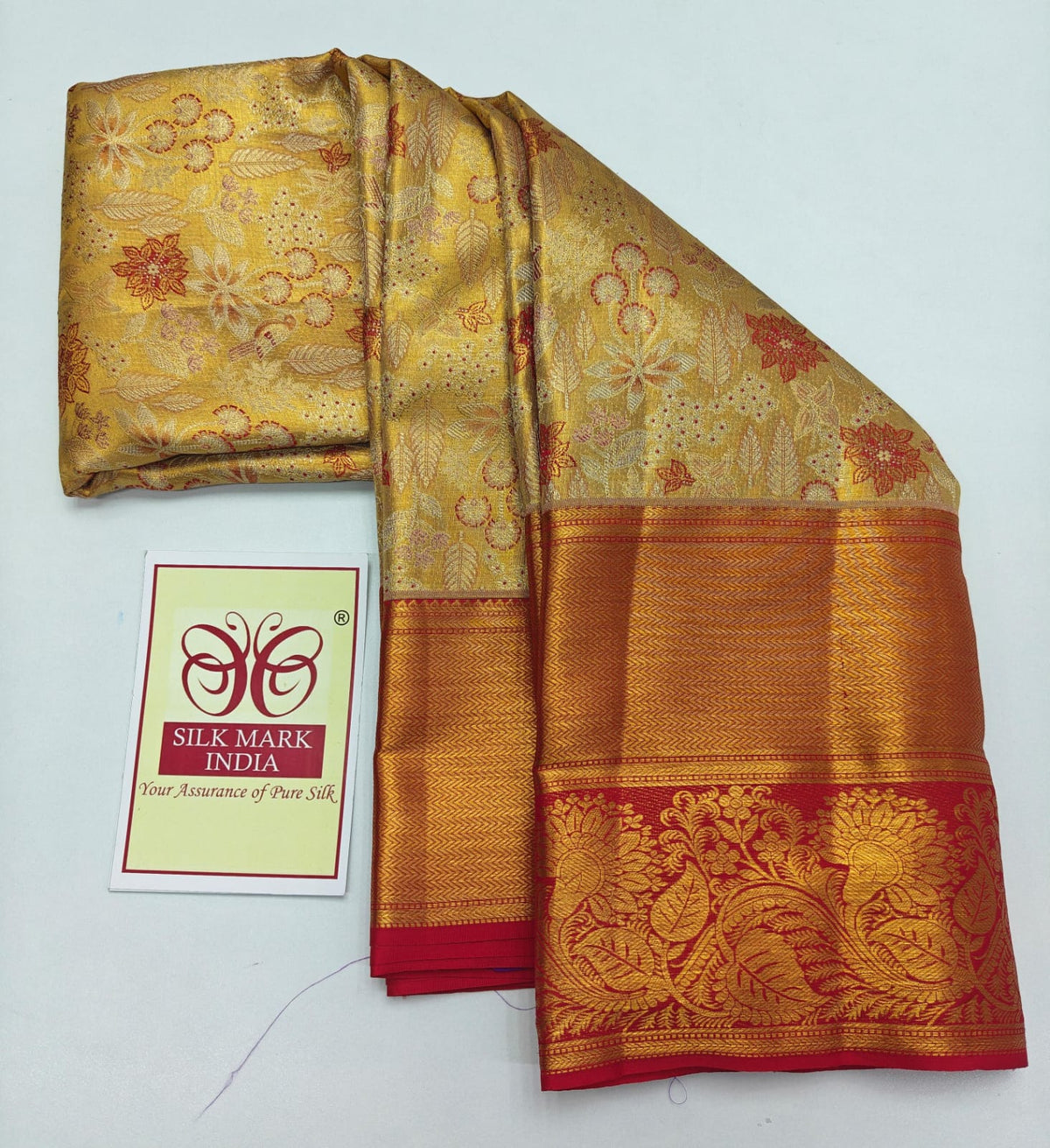 Silk Mark Certified Amber Gold Tissue & Crimson Red Kanjivaram Pure Silk Saree with Meenakari Floral Jaal