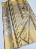 Silk Mark Certified Platinum Silver & Champagne Gold Tissue Kanjivaram Pure Silk Saree with Geometric Chevron Brocade