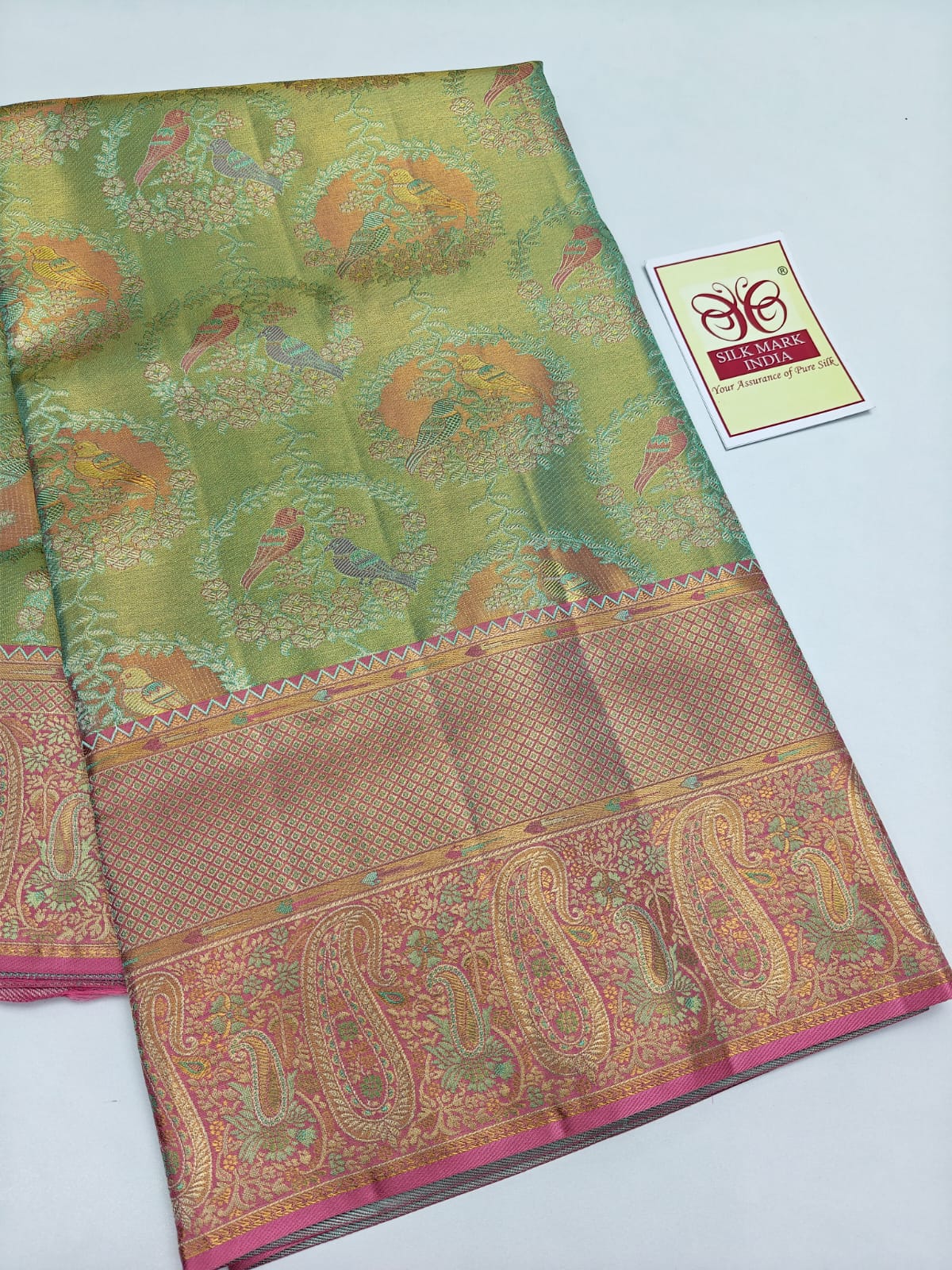 Silk Mark Certified Olive Green Tissue & Rose Pink Kanjivaram Pure Silk Saree with Bird & Tree Brocade