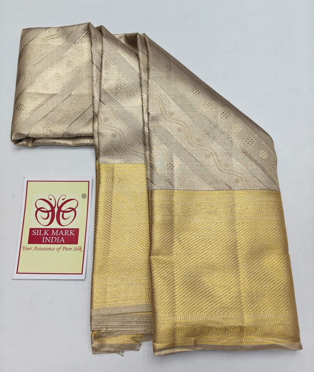 Silk Mark Certified Platinum Silver & Champagne Gold Tissue Kanjivaram Pure Silk Saree with Geometric Chevron Brocade