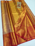 Silk Mark Certified Amber Gold Tissue & Crimson Red Kanjivaram Pure Silk Saree with Geometric Diamond Brocade