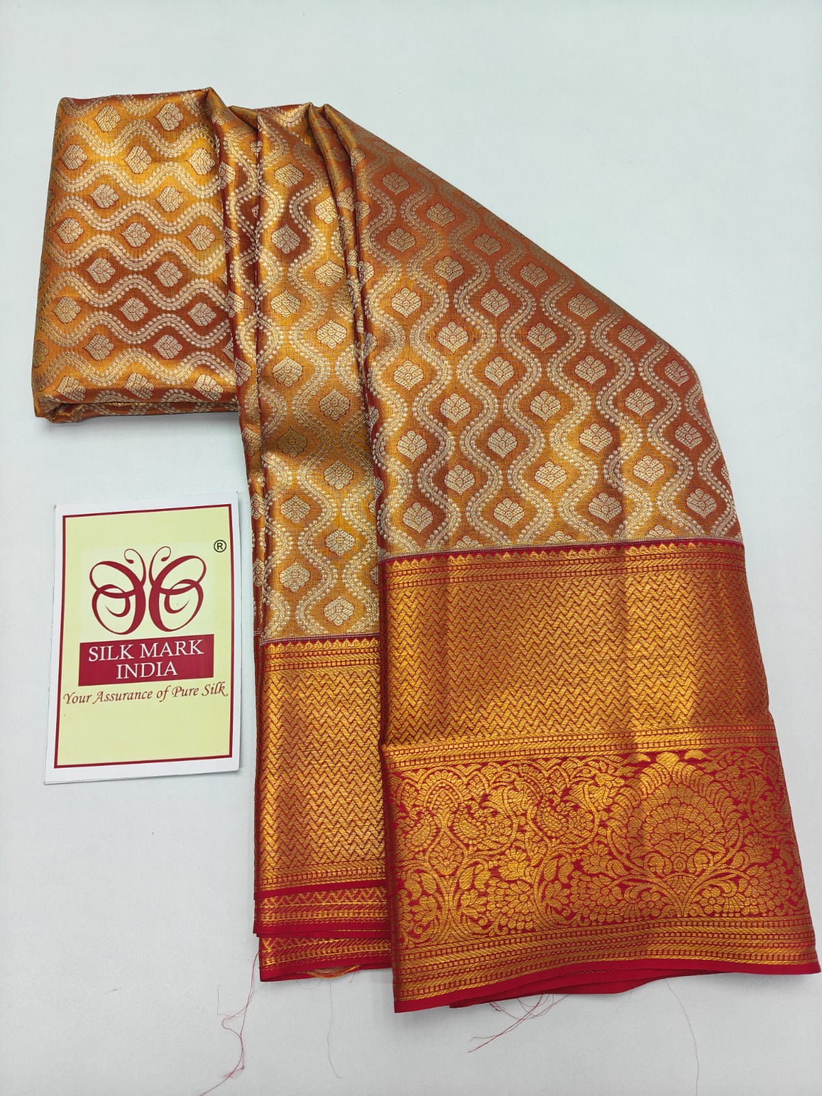 Silk Mark Certified Amber Gold Tissue & Crimson Red Kanjivaram Pure Silk Saree with Geometric Diamond Brocade