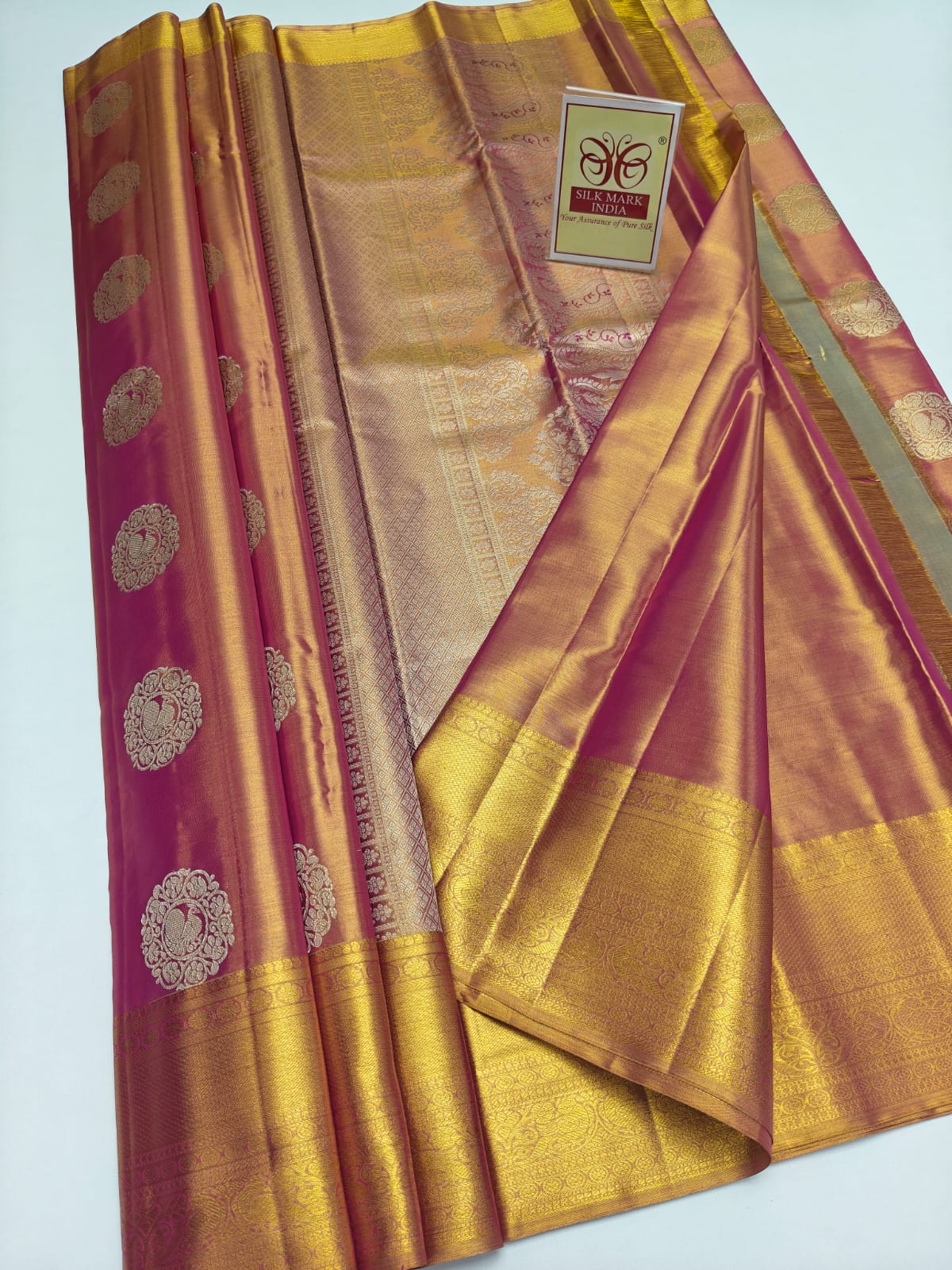 Silk Mark Certified Rose Pink & Champagne Gold Tissue Kanjivaram Pure Silk Saree with Peacock Medallions