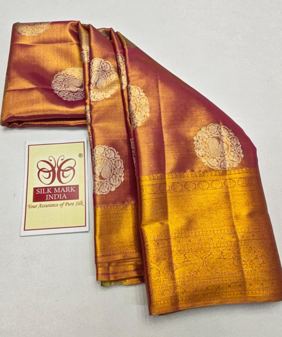 Silk Mark Certified Rose Pink & Champagne Gold Tissue Kanjivaram Pure Silk Saree with Peacock Medallions