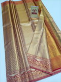 Silk Mark Certified Amber Gold Tissue & Crimson Red Kanjivaram Pure Silk Saree with Geometric Diamond Brocade