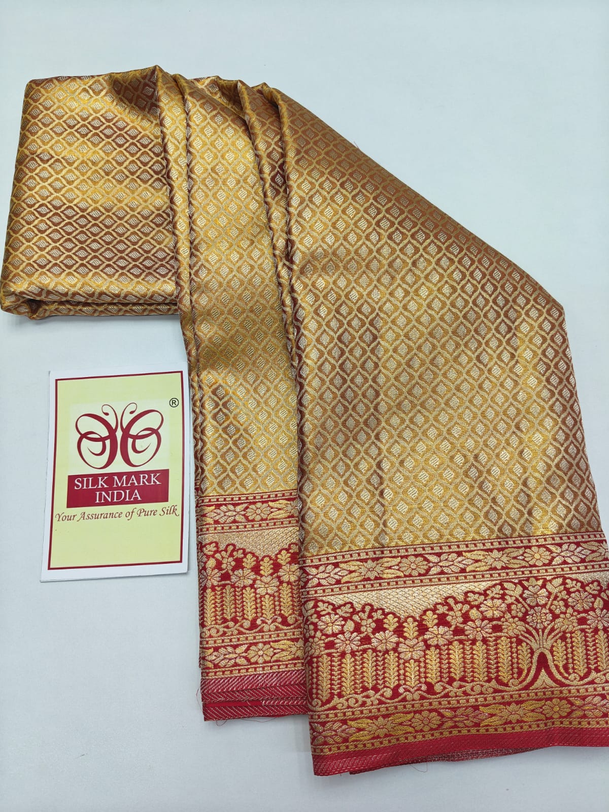 Silk Mark Certified Amber Gold Tissue & Crimson Red Kanjivaram Pure Silk Saree with Geometric Diamond Brocade