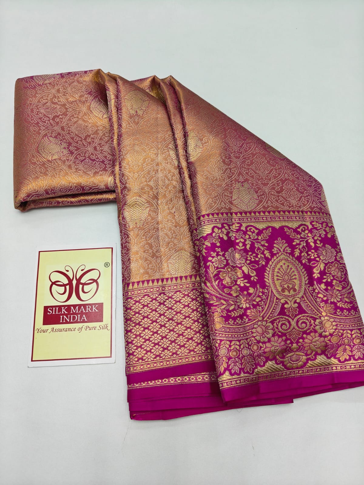 Silk Mark Certified Rose Gold Tissue & Rani Pink Kanjivaram Pure Silk Saree with Peacock Zari Border