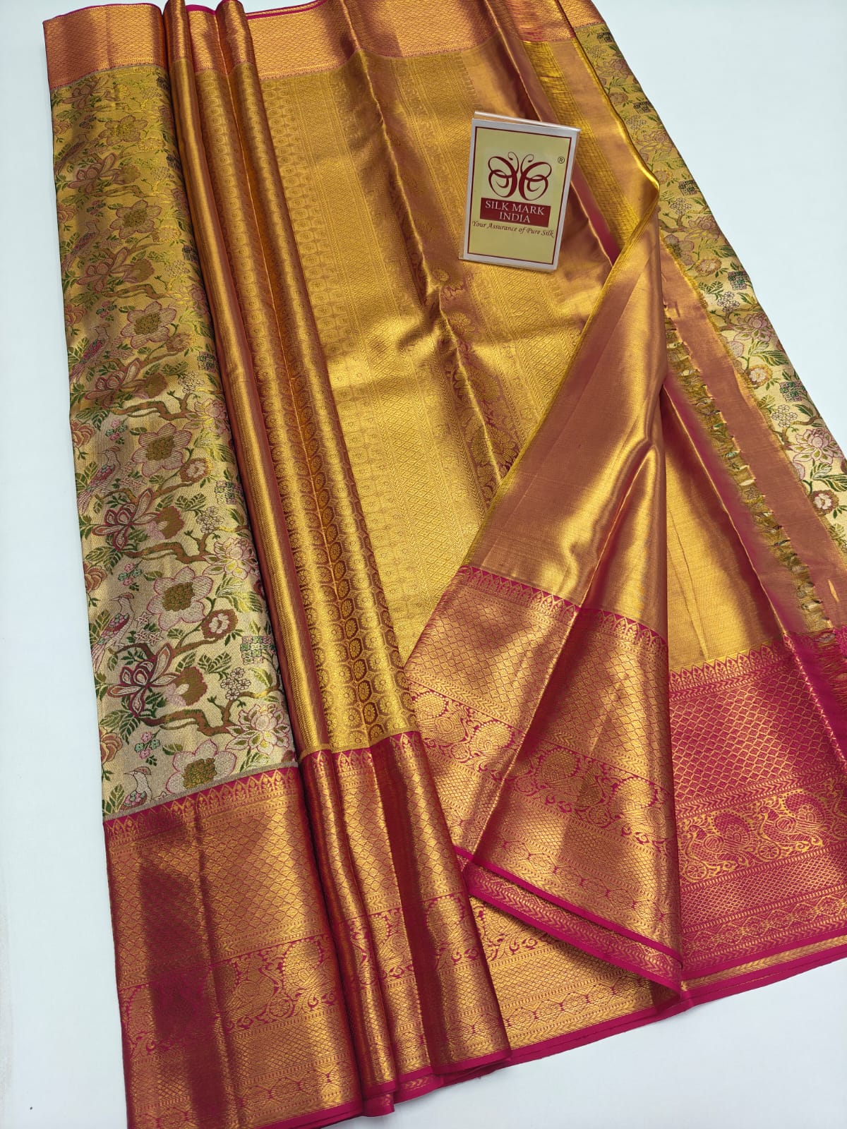 Silk Mark Certified Amber Gold & Champagne Tissue Kanjivaram Pure Silk Saree with Rani Pink Border & Floral Bird Brocade