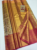 Silk Mark Certified Amber Gold & Champagne Tissue Kanjivaram Pure Silk Saree with Rani Pink Border & Floral Bird Brocade