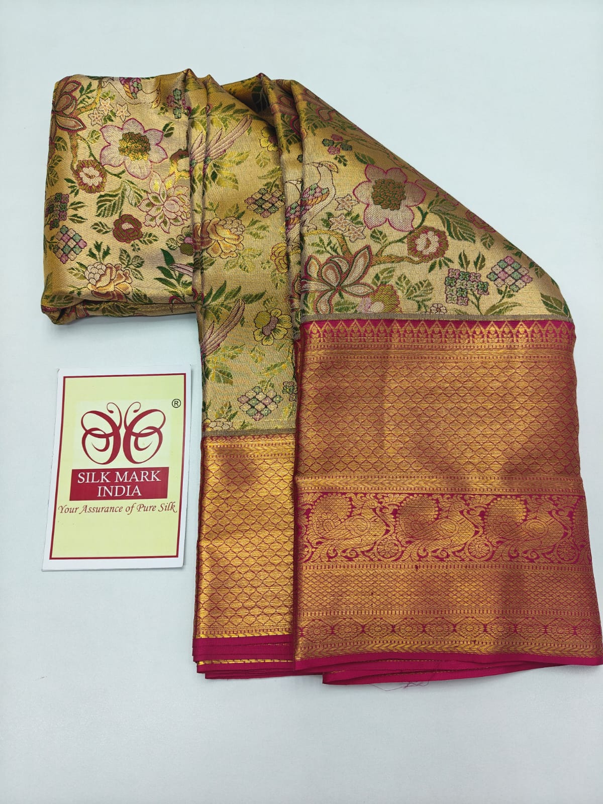 Silk Mark Certified Amber Gold & Champagne Tissue Kanjivaram Pure Silk Saree with Rani Pink Border & Floral Bird Brocade