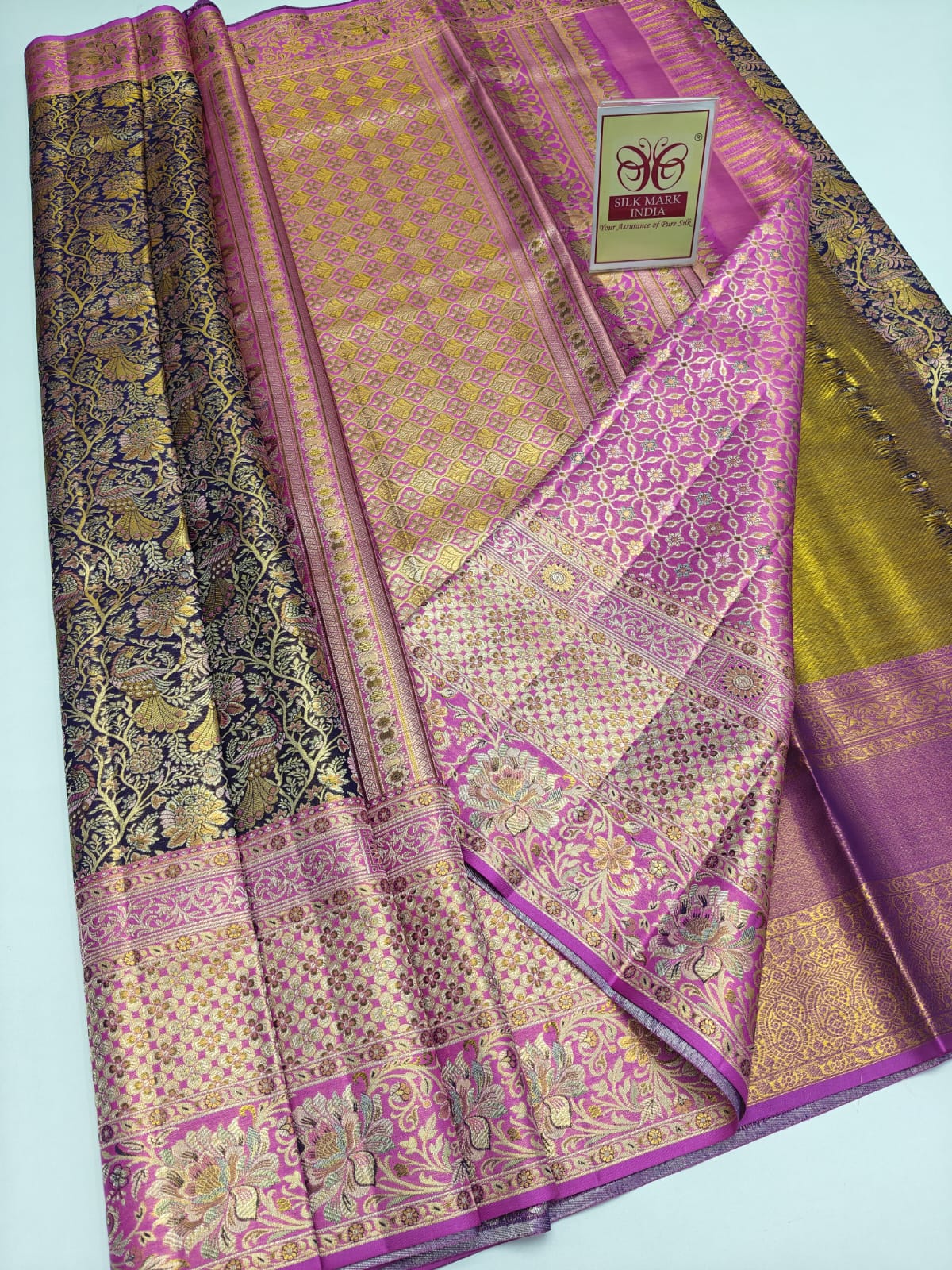 Silk Mark Certified Midnight Blue & Amber Gold Tissue Kanjivaram Pure Silk Saree with Orchid Pink Border & Peacock Floral Jaal