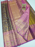 Silk Mark Certified Midnight Blue & Amber Gold Tissue Kanjivaram Pure Silk Saree with Orchid Pink Border & Peacock Floral Jaal