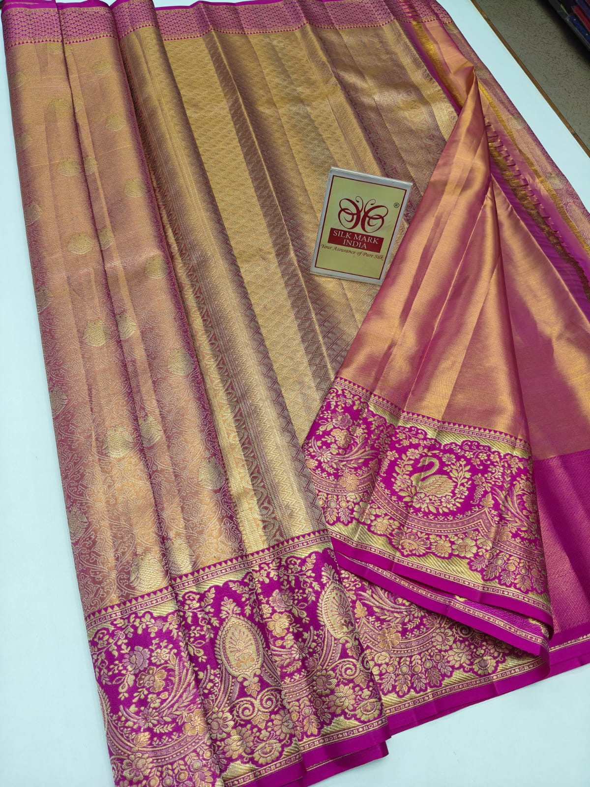 Silk Mark Certified Rose Gold Tissue & Rani Pink Kanjivaram Pure Silk Saree with Peacock Zari Border
