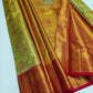 Silk Mark Certified Chartreuse Green & Amber Gold Tissue Kanjivaram Pure Silk Saree with Crimson Red Border & Floral Jaal