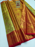 Silk Mark Certified Chartreuse Green & Amber Gold Tissue Kanjivaram Pure Silk Saree with Crimson Red Border & Floral Jaal