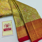 Silk Mark Certified Chartreuse Green & Amber Gold Tissue Kanjivaram Pure Silk Saree with Crimson Red Border & Floral Jaal