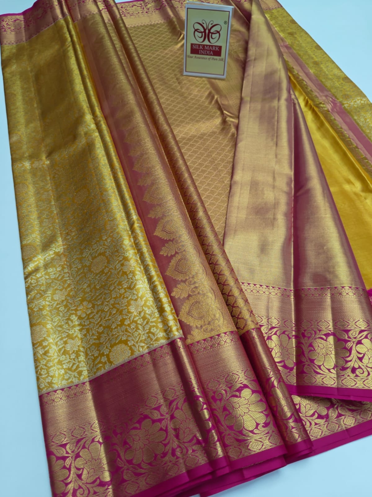 Silk Mark Certified Mustard Yellow & Amber Gold Tissue Kanjivaram Pure Silk Saree with Rani Pink Border & Floral Jaal