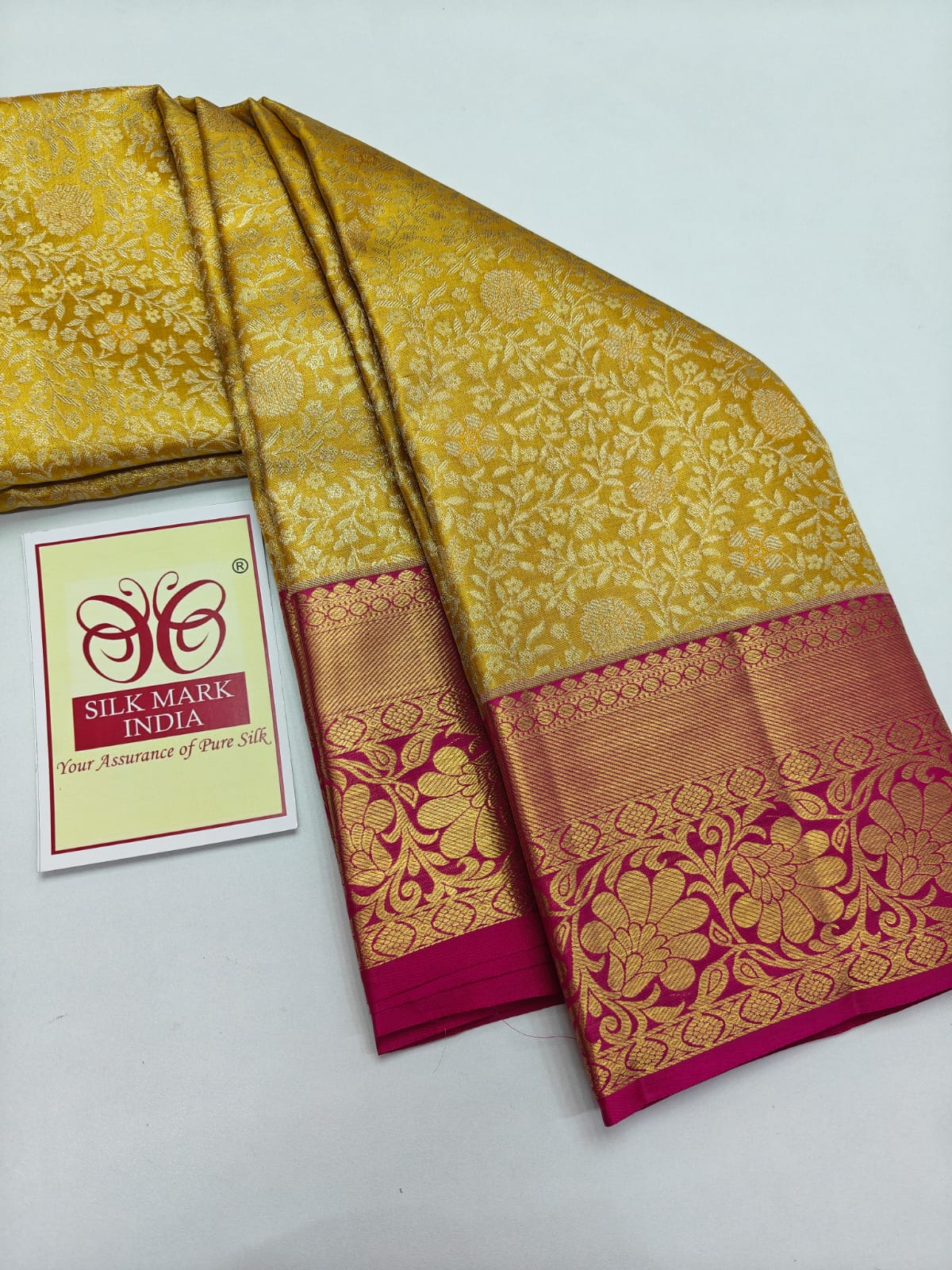 Silk Mark Certified Mustard Yellow & Amber Gold Tissue Kanjivaram Pure Silk Saree with Rani Pink Border & Floral Jaal