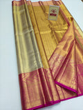 Silk Mark Certified Champagne Gold & Amber Tissue Kanjivaram Pure Silk Saree with Rani Pink Border & Geometric Chevron Brocade