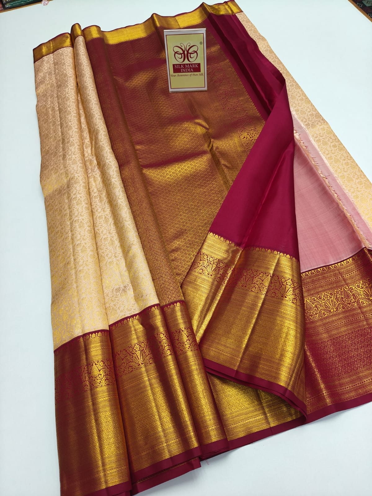Silk Mark Certified Champagne Gold Tissue & Maroon Kanjivaram Pure Silk Saree with Floral Jaal & Gold Zari Border