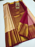 Silk Mark Certified Champagne Gold Tissue & Maroon Kanjivaram Pure Silk Saree with Floral Jaal & Gold Zari Border