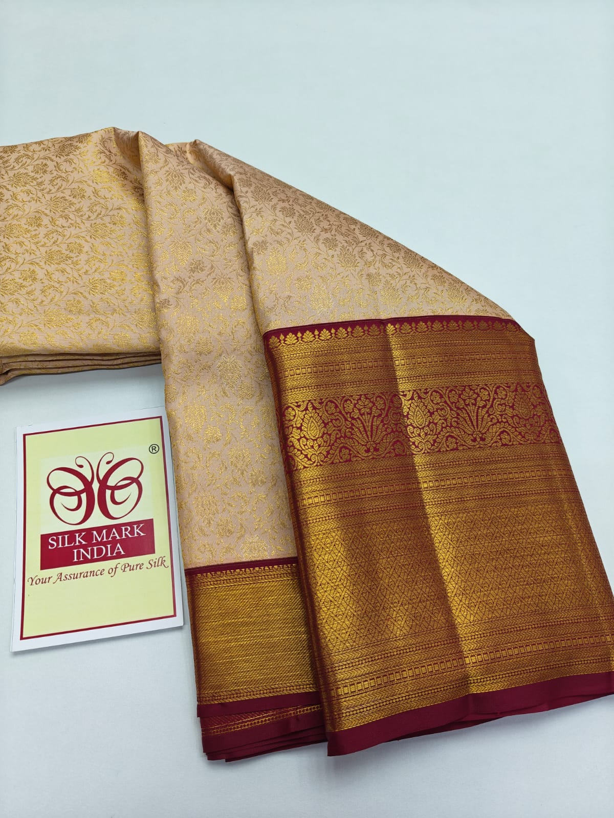 Silk Mark Certified Champagne Gold Tissue & Maroon Kanjivaram Pure Silk Saree with Floral Jaal & Gold Zari Border