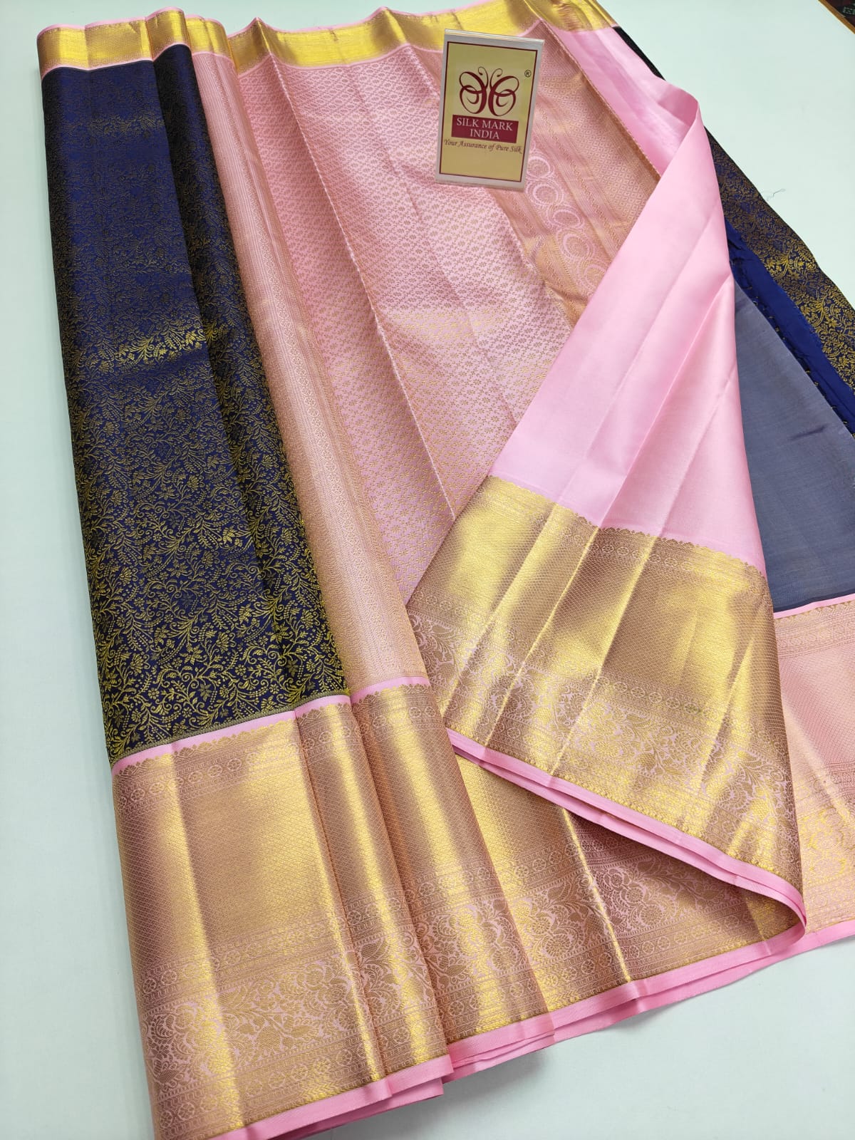 Silk Mark Certified Midnight Blue & Pastel Pink Tissue Kanjivaram Pure Silk Saree with Gold Zari Floral Jaal