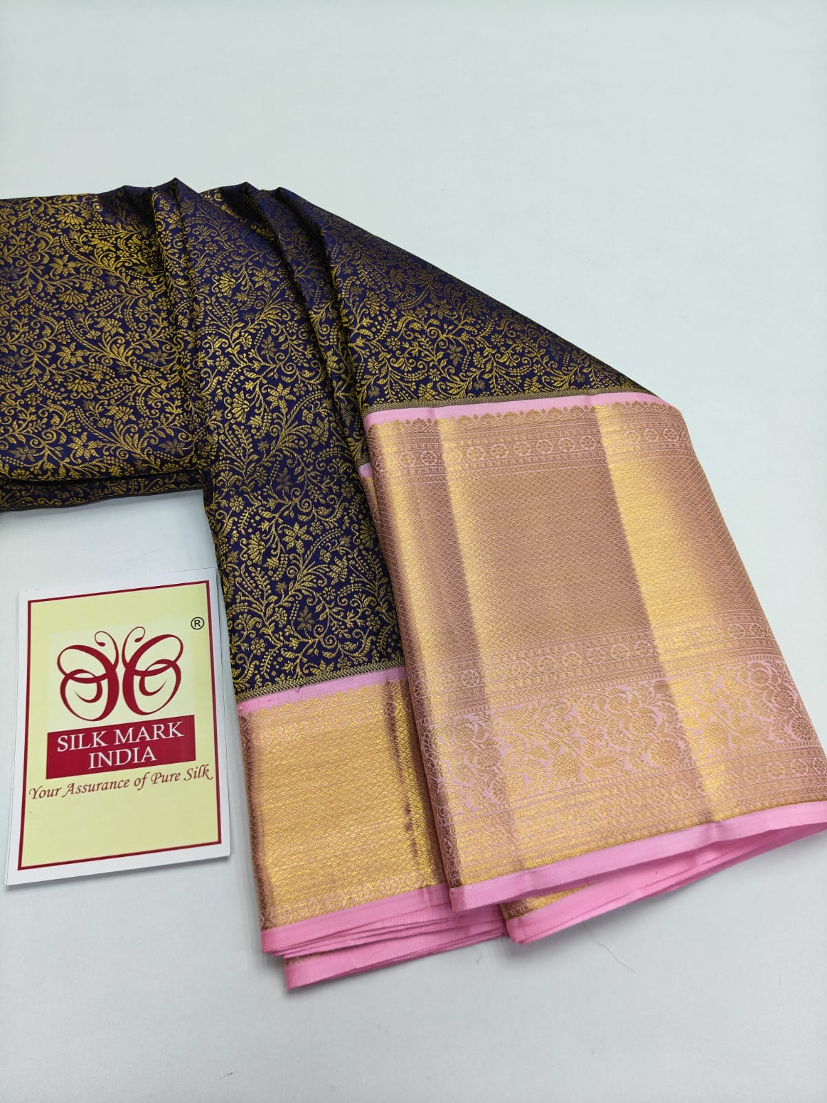 Silk Mark Certified Midnight Blue & Pastel Pink Tissue Kanjivaram Pure Silk Saree with Gold Zari Floral Jaal