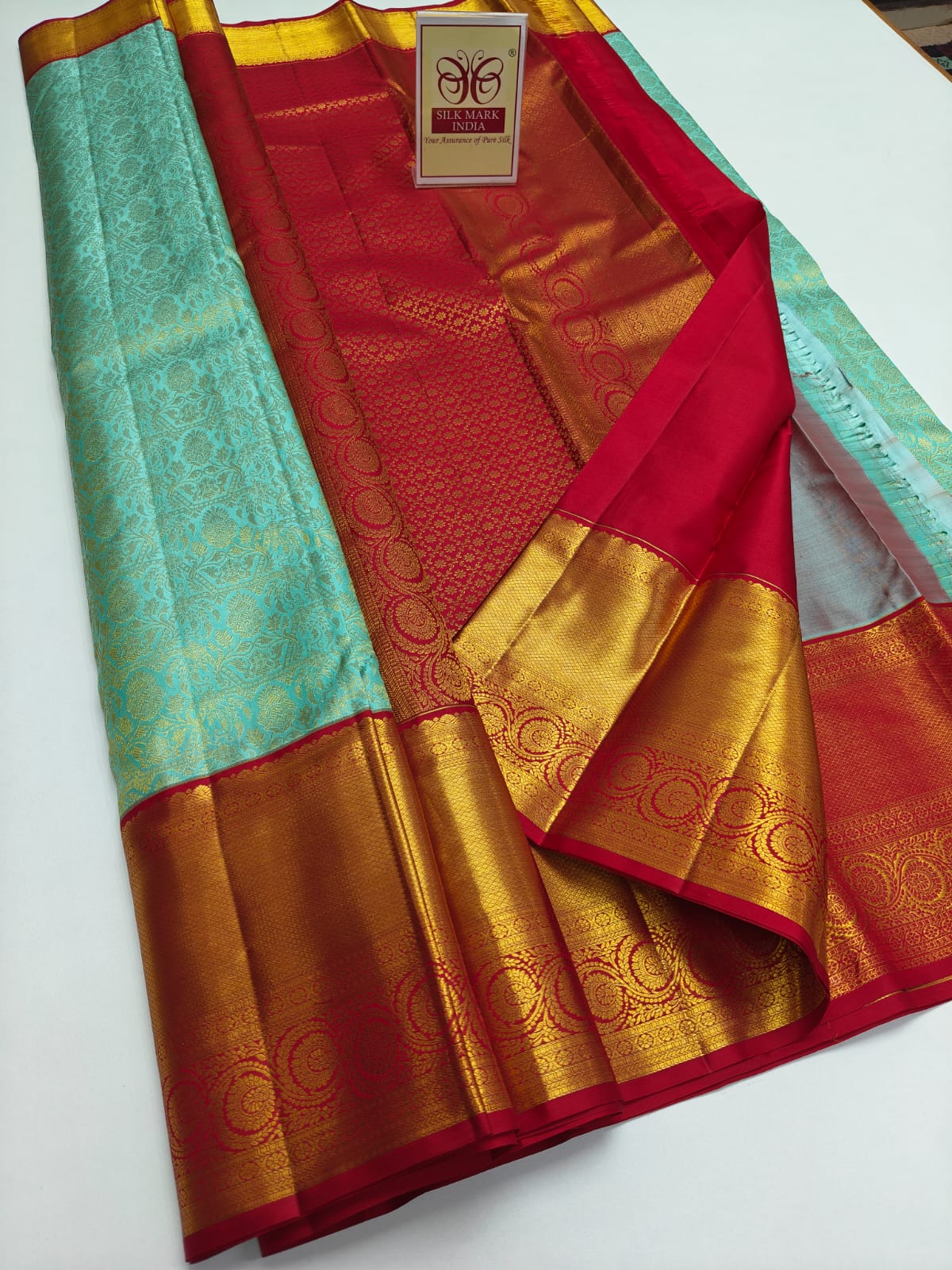 Silk Mark Certified Mint Green Tissue & Crimson Red Kanjivaram Pure Silk Saree with Medallion Floral Jaal